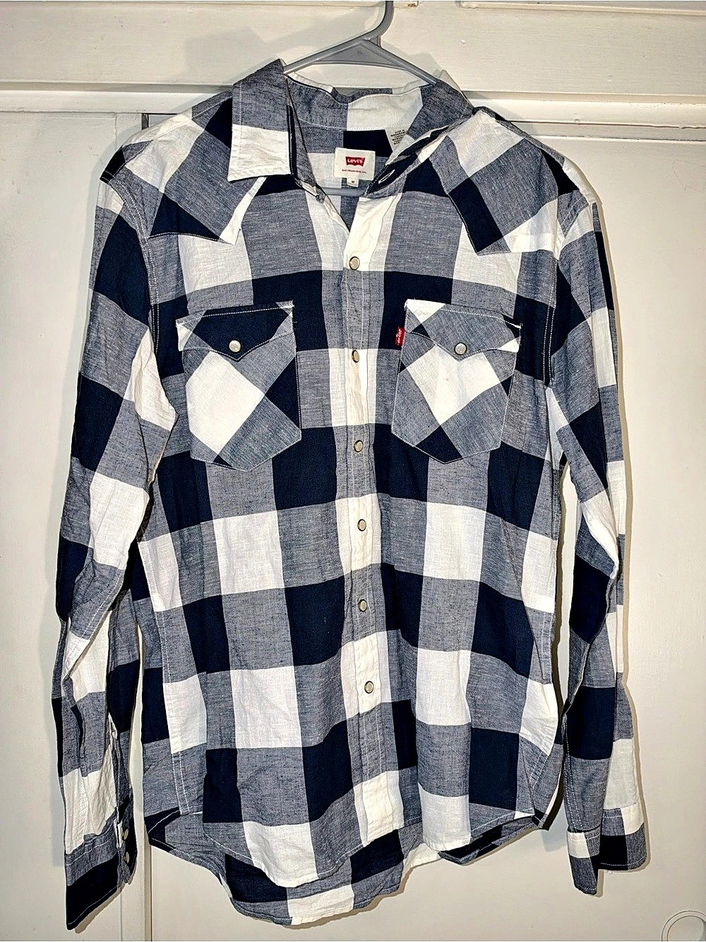 Levi's Plaid Western Snap Shirt Men's Blue & White Size Medium